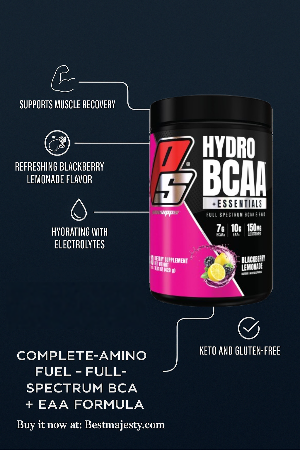 ProSupps HydroBCAA BCAA/EAA Full Spectrum Matrix, 7g BCAAs, 3g EAAs, 0g Sugar, 0g Carbs, 30 Servings, (BlackBerry Lemonade Flavor)