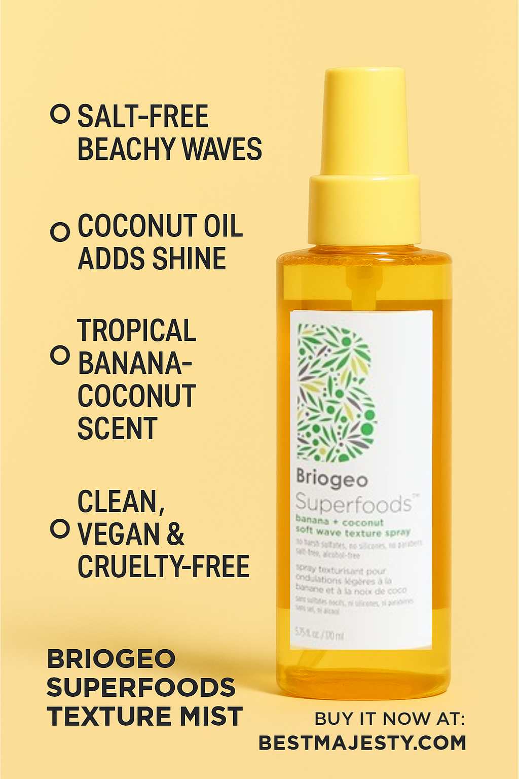 Briogeo Superfoods Banana and Coconut Hydrating Salt-Free Soft Wave Texture Spray, Hydrating Texture Spray for Beachy Waves, Vegan, Phalate & Paraben-Free, 5.75 oz