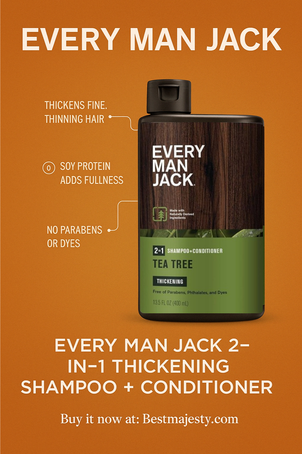 Every Man Jack Tea Tree Mens Thickening 2-in-1 Shampoo + Conditioner - Restore Thickness, Cleanse, and Condition - Made with Naturally Derived Ingredients - Paraben Free, Dye Free