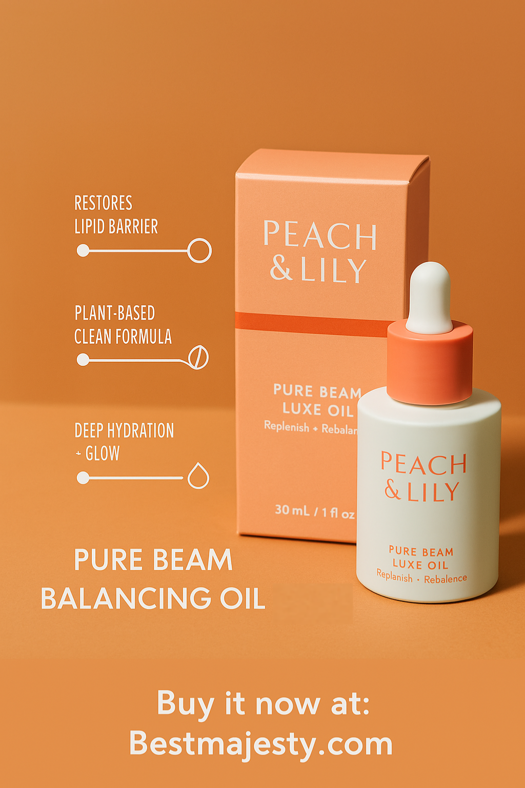 Peach & Lily Pure Beam Luxe Oil | 100% Natural & Plant-Based | Nourishing Squalane, Jojoba, & Sea Buckthorn | Cold-Pressed Antioxidant-Rich Formula | 30 ml / 1 fl. oz.
